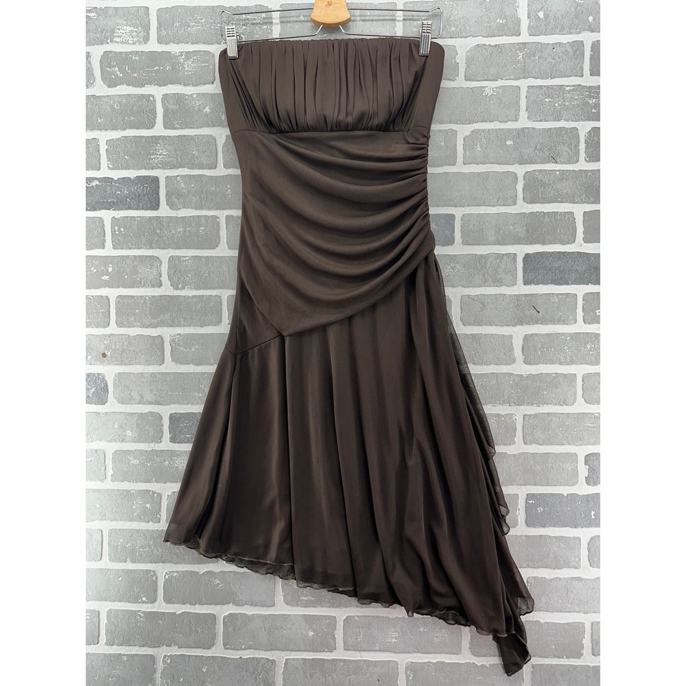 Studio Y Brown Strapless Ruched Asymmetrical Hem Cocktail Dress Medium
